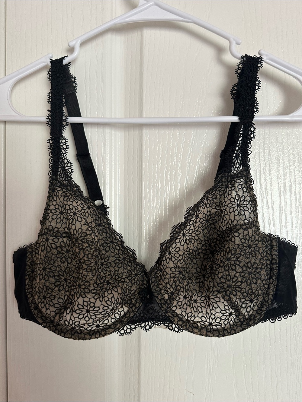 Lejaby French Lingerie Black Nude Lace Underwire Bra 34D